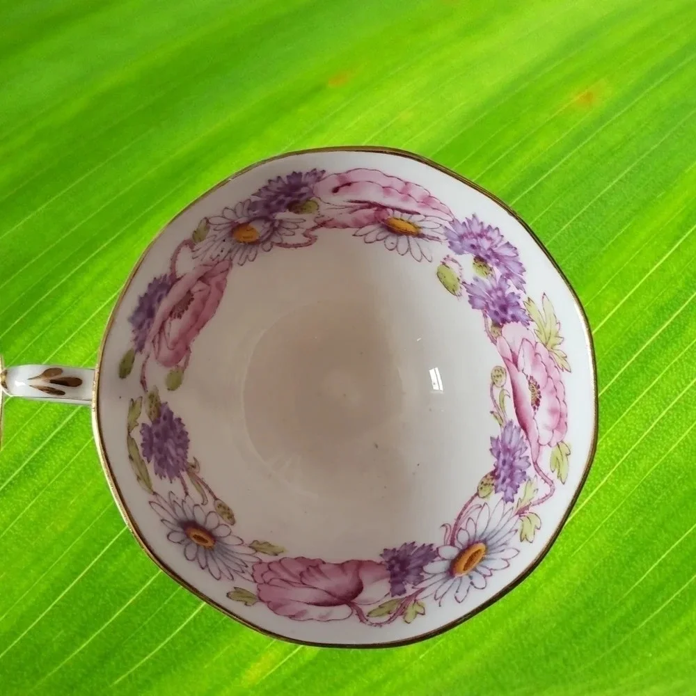Vintage Roslyn Ambleside Cup And Saucer Pink Poppies Daisies 1950s English Bone